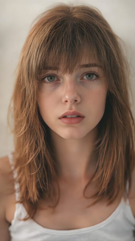 visualize a realistic picture: a detailed young and cute teen girl, with soft straight jet red hair, bangs cut frame her round face, her hair falls gently over her upper body and is the same length at both ends, exuding a sense of melancholy and loneliness, full red lips, (((white cropped short tank top)) which perfectly shaped her body), this girl looks very seductive and sad