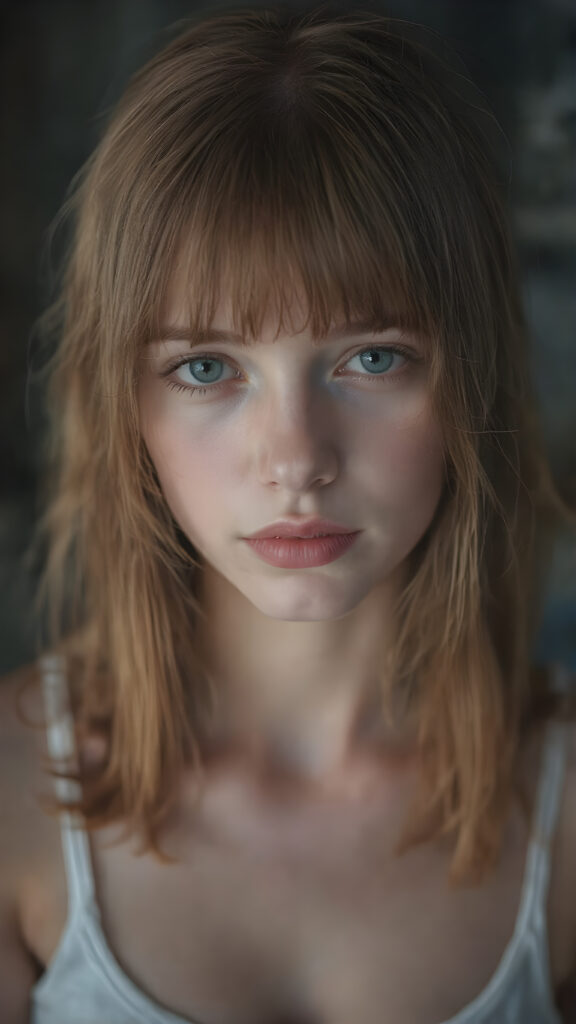 visualize a realistic picture: a detailed young and cute teen girl, with soft straight jet red hair, bangs cut frame her round face, her hair falls gently over her upper body and is the same length at both ends, exuding a sense of melancholy and loneliness, full red lips, (((white cropped short tank top)) which perfectly shaped her body), this girl looks very seductive and sad