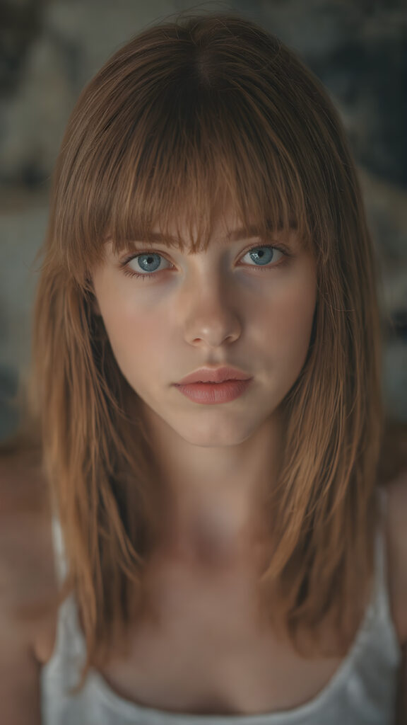 visualize a realistic picture: a detailed young and cute teen girl, with soft straight jet red hair, bangs cut frame her round face, her hair falls gently over her upper body and is the same length at both ends, exuding a sense of melancholy and loneliness, full red lips, (((white cropped short tank top)) which perfectly shaped her body), this girl looks very seductive and sad