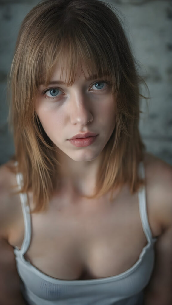 visualize a realistic picture: a detailed young and cute teen girl, with soft straight jet red hair, bangs cut frame her round face, her hair falls gently over her upper body and is the same length at both ends, exuding a sense of melancholy and loneliness, full red lips, (((white cropped short tank top)) which perfectly shaped her body), this girl looks very seductive and sad