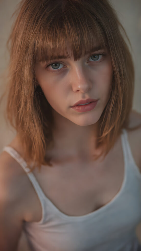 visualize a realistic picture: a detailed young and cute teen girl, with soft straight jet red hair, bangs cut frame her round face, her hair falls gently over her upper body and is the same length at both ends, exuding a sense of melancholy and loneliness, full red lips, (((white cropped short tank top)) which perfectly shaped her body), this girl looks very seductive and sad