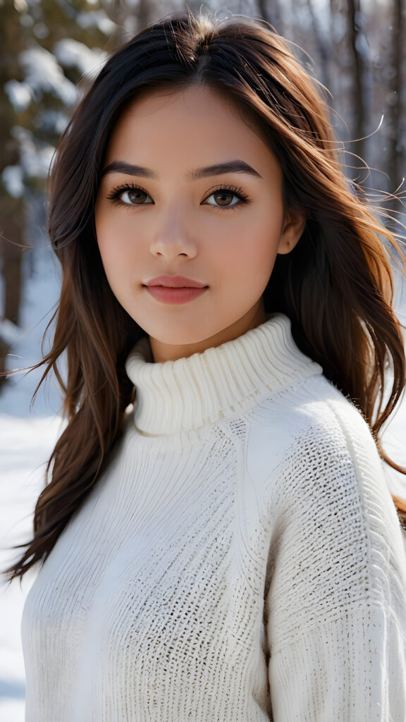 visualize a stunningly realistic photo: a exotic young light brown-skinned woman with flawlessly soft, glossy hair with subtle layering and vivid obsidian black straight hair framing her face. Her expression is seriously sensual with dramatically contrasting, full natural lips and a warm smile, with light brown eyes set against a broodingly atmospheric snow backdrop. Her features are captured in intense detail, with ombré shadow and highlights drawing the eye, ((she wears a white, finely knitted wool sweater)) that emphasizes her perfectly shaped body from a side view, capturing an unforgettably elegant upper body shot