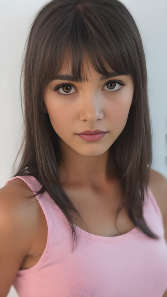 visualize an (((ultra high definition (straight soft and long black hair, bangs))) of a (((brown-skinned Exotic teen girl, 15 years old))) with a meticulously drawn (((face))) and a wonderfully precise (((curvature))) that exudes cuteness, dressed in a sleek, (((thin short crop pink tank top)). The image is captured with remarkable clarity and detail, evoking a sense of (((high resolution beauty))), as if painted by a skilled artist, drawing the viewer in to appreciate its striking splendor ((side portrait))