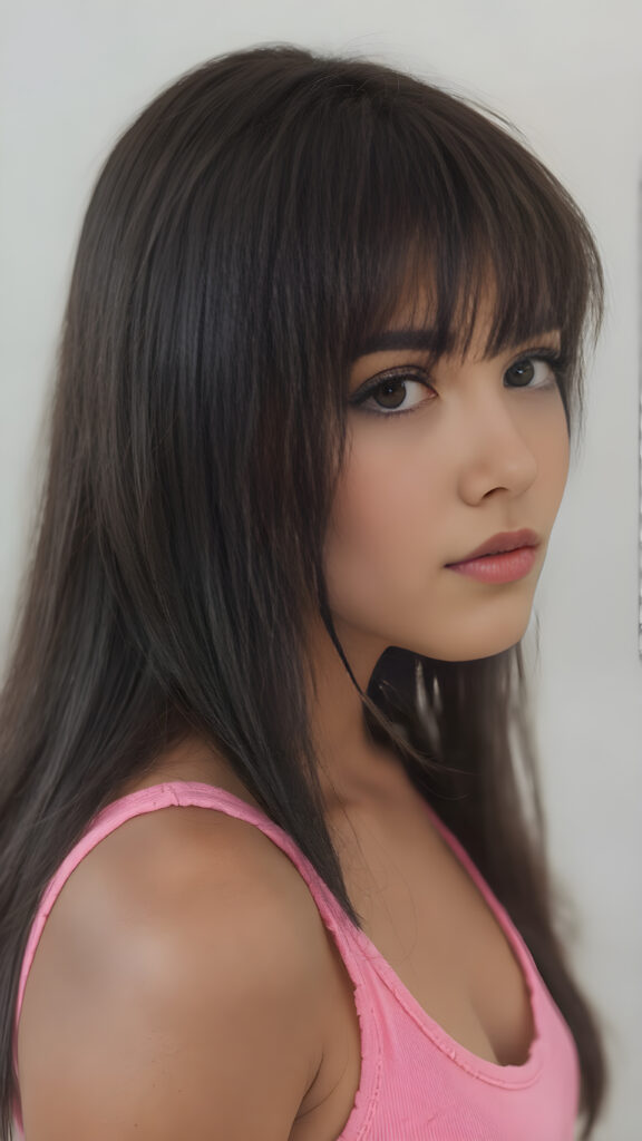 visualize an (((ultra high definition (straight soft and long black hair, bangs))) of a (((brown-skinned Exotic teen girl, 15 years old))) with a meticulously drawn (((face))) and a wonderfully precise (((curvature))) that exudes cuteness, dressed in a sleek, (((thin short crop pink tank top)). The image is captured with remarkable clarity and detail, evoking a sense of (((high resolution beauty))), as if painted by a skilled artist, drawing the viewer in to appreciate its striking splendor ((side portrait))