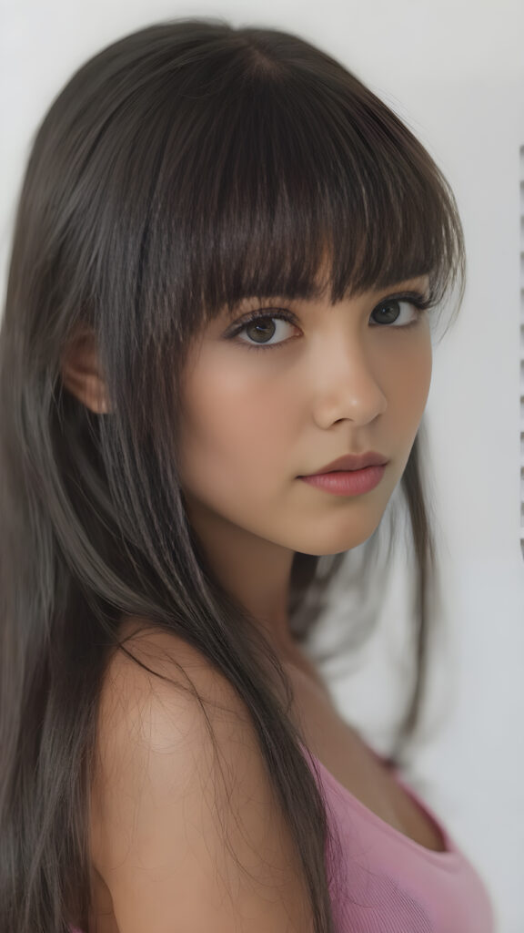 visualize an (((ultra high definition (straight soft and long black hair, bangs))) of a (((brown-skinned Exotic teen girl, 15 years old))) with a meticulously drawn (((face))) and a wonderfully precise (((curvature))) that exudes cuteness, dressed in a sleek, (((thin short crop pink tank top)). The image is captured with remarkable clarity and detail, evoking a sense of (((high resolution beauty))), as if painted by a skilled artist, drawing the viewer in to appreciate its striking splendor ((side portrait))