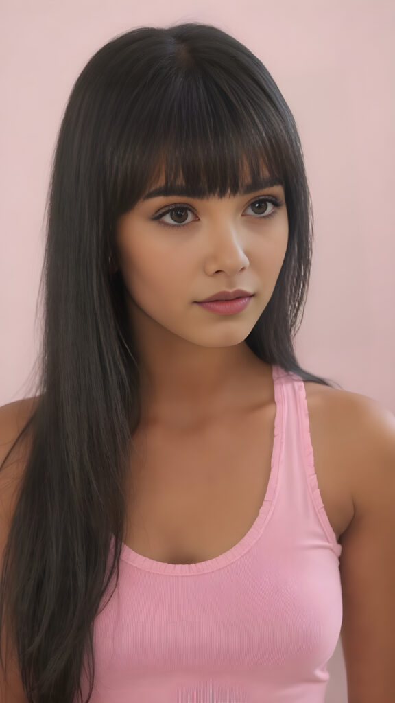 visualize an (((ultra high definition (straight soft and long black hair, bangs))) of a (((brown-skinned Exotic teen girl, 15 years old))) with a meticulously drawn (((face))) and a wonderfully precise (((curvature))) that exudes cuteness, dressed in a sleek, (((thin short crop pink tank top)). The image is captured with remarkable clarity and detail, evoking a sense of (((high resolution beauty))), as if painted by a skilled artist, drawing the viewer in to appreciate its striking splendor ((side portrait))