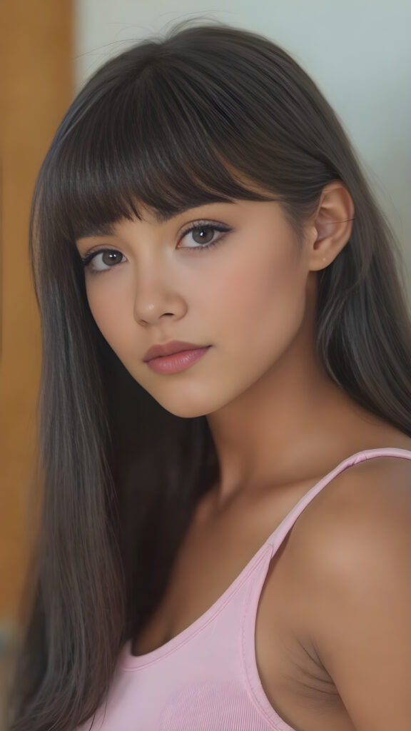 visualize an (((ultra high definition (straight soft and long black hair, bangs))) of a (((brown-skinned Exotic teen girl, 15 years old))) with a meticulously drawn (((face))) and a wonderfully precise (((curvature))) that exudes cuteness, dressed in a sleek, (((thin short crop pink tank top)). The image is captured with remarkable clarity and detail, evoking a sense of (((high resolution beauty))), as if painted by a skilled artist, drawing the viewer in to appreciate its striking splendor ((side portrait))
