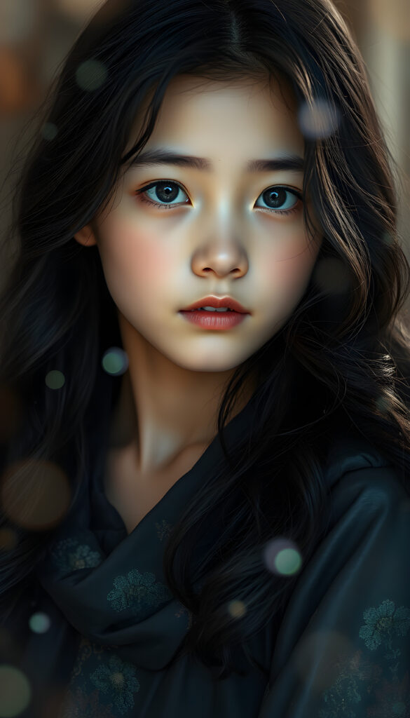 portrait style artwork featuring a young korean girl with long, wavy dark hair. She has fair skin and striking blue eyes, with delicate facial features. She is wearing a richly detailed, shimmering dark-colored shimmering cloak with floral patterns, giving a medieval or fantasy appearance. The cloak has a textured silk fabric that adds depth to the image. The lighting is soft, creating a serene and ethereal atmosphere. The dress is intricately designed, lightweight, and flows like a dream, with subtle magical sparkles and glimmers. Surround her with a dreamy, divine aura, enhanced by soft, glowing magical effects, evoking a celestial and enchanting atmosphere.