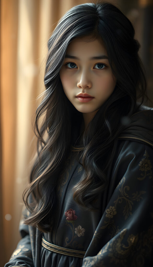 portrait style artwork featuring a young korean girl with long, wavy dark hair. She has fair skin and striking blue eyes, with delicate facial features. She is wearing a richly detailed, shimmering dark-colored shimmering cloak with floral patterns, giving a medieval or fantasy appearance. The cloak has a textured silk fabric that adds depth to the image. The lighting is soft, creating a serene and ethereal atmosphere. The dress is intricately designed, lightweight, and flows like a dream, with subtle magical sparkles and glimmers. Surround her with a dreamy, divine aura, enhanced by soft, glowing magical effects, evoking a celestial and enchanting atmosphere.