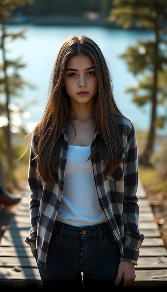 wide angle photo from a young stunning and gorgeous girl in a plaid open flannel shirt in brown, white and dark blue, underwear a white t-shirt made of fine wool. The T-shirt and flannel shirt extends beyond the waistband of the pants. She has long, straight dark hair and blond straps, dark eyes. Her silky hair falls over her shoulders and across her upper body. She wears dark blue jeans. The picture is very detailed. Full lips and an angelic face. A blue lake can be seen in the background and typical Canadian landscape. She is standing in the front of the viewer. The sun kiss her flawless skin.