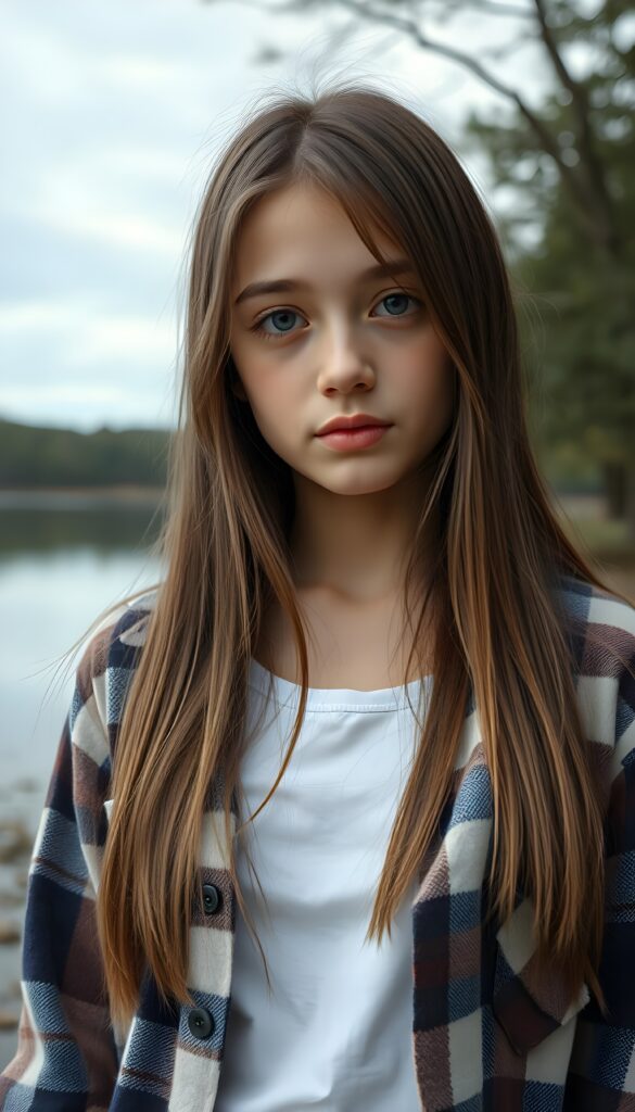 wide angle photo from a young cute girl in a plaid open shirt in brown, white and dark blue, underwear a white t-shirt. She has long, straight hair and dark eyes. The picture is very detailed. Full lips and an angelic face. A lake can be seen in the background.