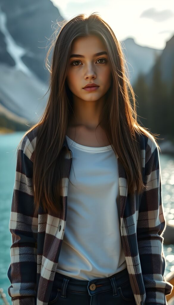 wide angle photo from a young stunning and gorgeous girl in a plaid open flannel shirt in brown, white and dark blue, underwear a white t-shirt made of fine wool. The T-shirt and flannel shirt extends beyond the waistband of the pants. She has long, straight dark hair and blond straps, dark eyes. Her silky hair falls over her shoulders and across her upper body. She wears dark blue jeans. The picture is very detailed. Full lips and an angelic face. A blue lake can be seen in the background and typical Canadian landscape. She is standing in the front of the viewer. The sun kiss her flawless skin.