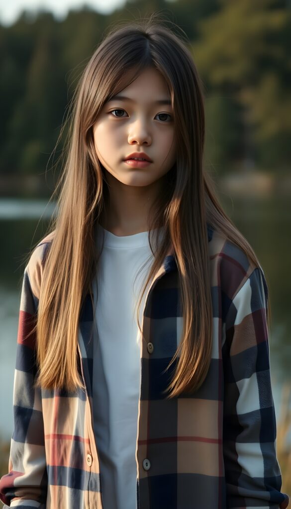 wide angle photo from a young cute girl in a plaid open shirt in brown, white and dark blue, underwear a white t-shirt. She has long, straight hair and dark eyes. The picture is very detailed. Full lips and an angelic face. A lake can be seen in the background.