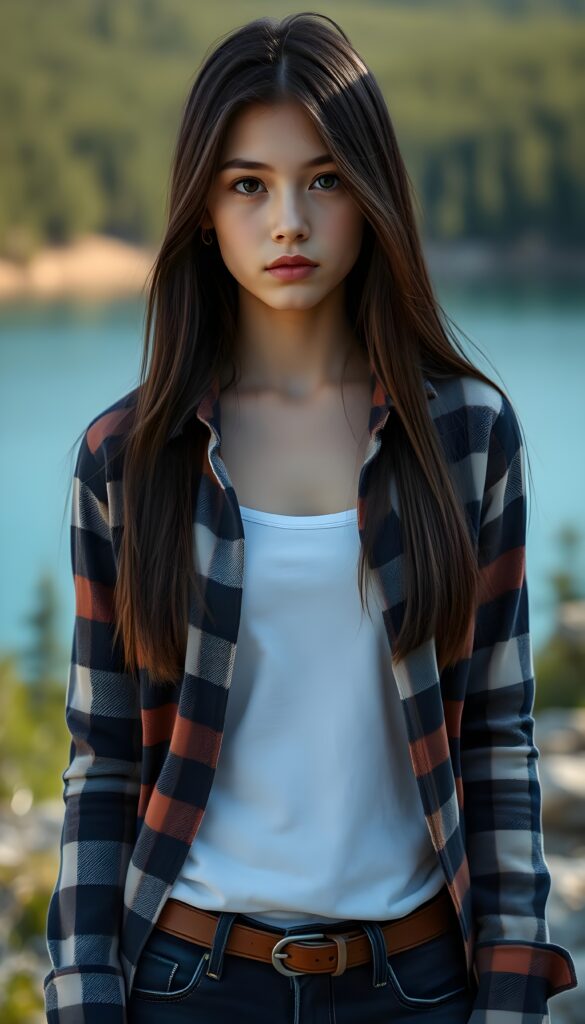 wide angle photo from a young stunning and gorgeous girl in a plaid open flannel shirt in brown, white and dark blue, underwear a white t-shirt made of fine wool. The T-shirt and flannel shirt extends beyond the waistband of the pants. She has long, straight dark hair and blond straps, dark eyes. Her silky hair falls over her shoulders and across her upper body. She wears dark blue jeans. The picture is very detailed. Full lips and an angelic face. A blue lake can be seen in the background and typical Canadian landscape. She is standing in the front of the viewer. The sun kiss her flawless skin.