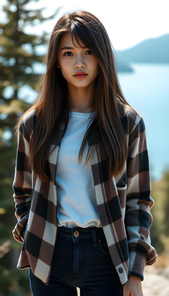 wide angle photo from a young stunning and gorgeous girl in a plaid open flannel shirt in brown, white and dark blue, underwear a white t-shirt made of fine wool. The T-shirt and flannel shirt extends beyond the waistband of the pants. She has long, straight dark hair and blond straps, dark eyes. Her silky hair falls over her shoulders and across her upper body. She wears dark blue jeans. The picture is very detailed. Full lips and an angelic face. A blue lake can be seen in the background and typical Canadian landscape. She is standing in the front of the viewer. The sun kiss her flawless skin.