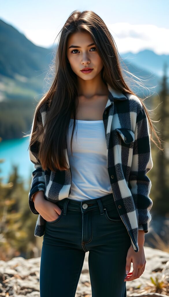 wide angle photo from a young stunning and gorgeous girl in a plaid open flannel shirt in brown, white and dark blue, underwear a white t-shirt made of fine wool. The T-shirt and flannel shirt extends beyond the waistband of the pants. She has long, straight dark hair and blond straps, dark eyes. Her silky hair falls over her shoulders and across her upper body. She wears dark blue jeans. The picture is very detailed. Full lips and an angelic face. A blue lake can be seen in the background and typical Canadian landscape. She is standing in the front of the viewer. The sun kiss her flawless skin.