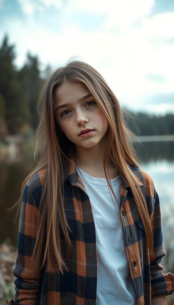 wide angle photo from a young cute girl in a plaid open shirt in brown, white and dark blue, underwear a white t-shirt. She has long, straight hair and dark eyes. The picture is very detailed. Full lips and an angelic face. A lake can be seen in the background.