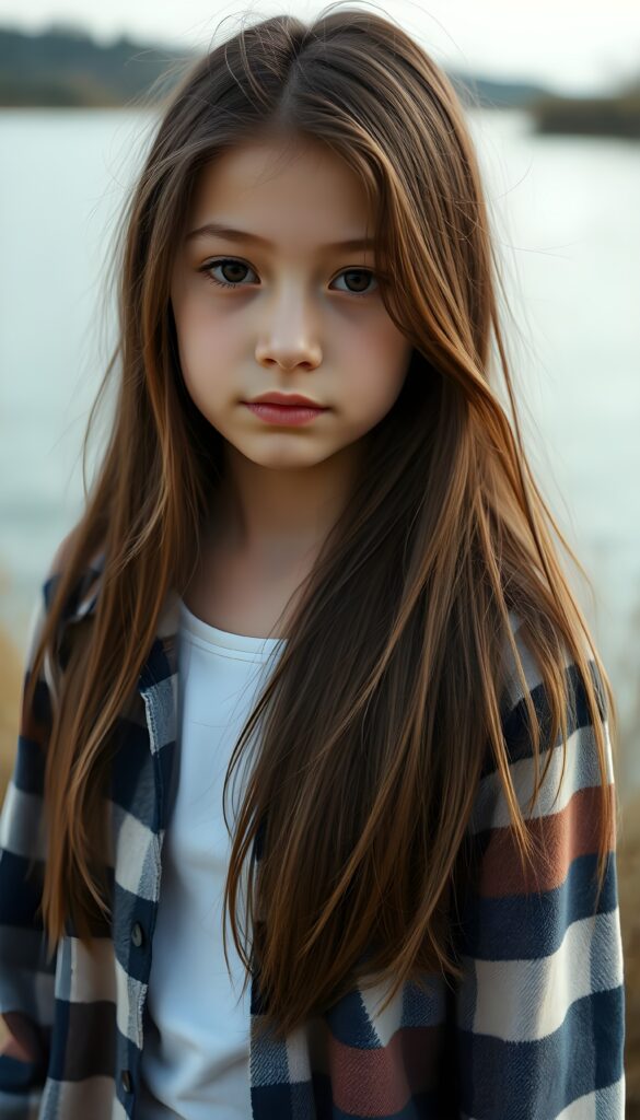 wide angle photo from a young cute girl in a plaid open shirt in brown, white and dark blue, underwear a white t-shirt. She has long, straight hair and dark eyes. The picture is very detailed. Full lips and an angelic face. A lake can be seen in the background.