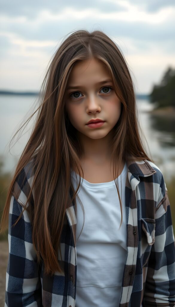 wide angle photo from a young cute girl in a plaid open shirt in brown, white and dark blue, underwear a white t-shirt. She has long, straight hair and dark eyes. The picture is very detailed. Full lips and an angelic face. A lake can be seen in the background.