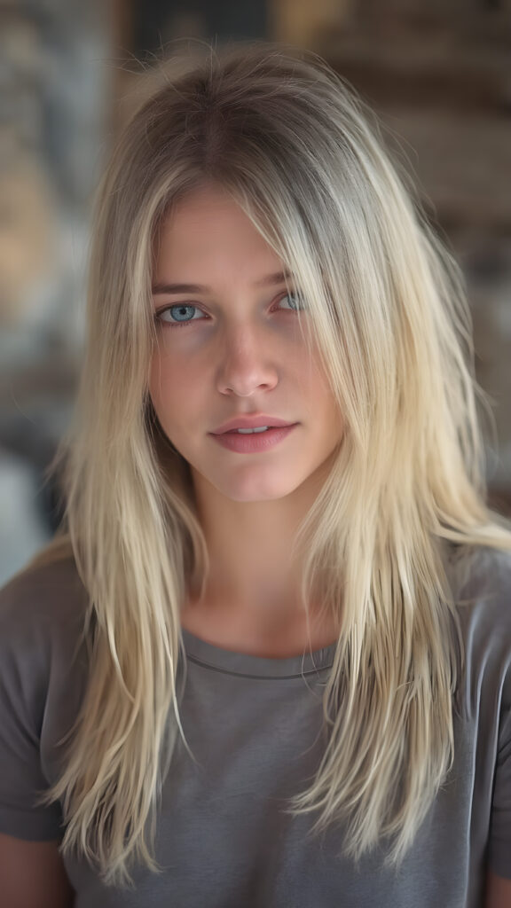 young adult girl, straight blond soft hair, she wears a t-shirt, she has a perfect body, stunning, gorgeous, realistic