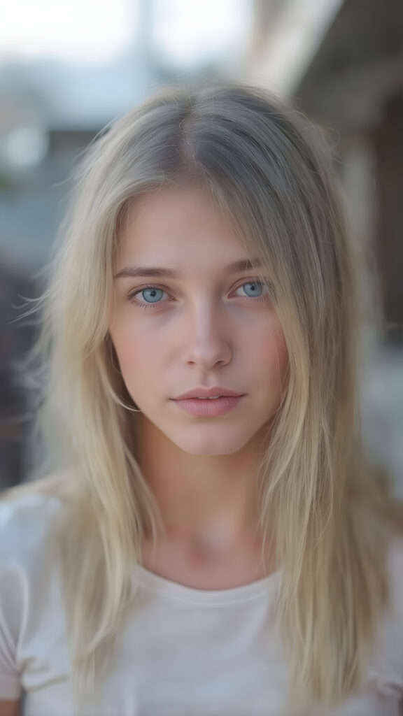 young adult girl, straight blond soft hair, she wears a t-shirt, she has a perfect body, stunning, gorgeous, realistic