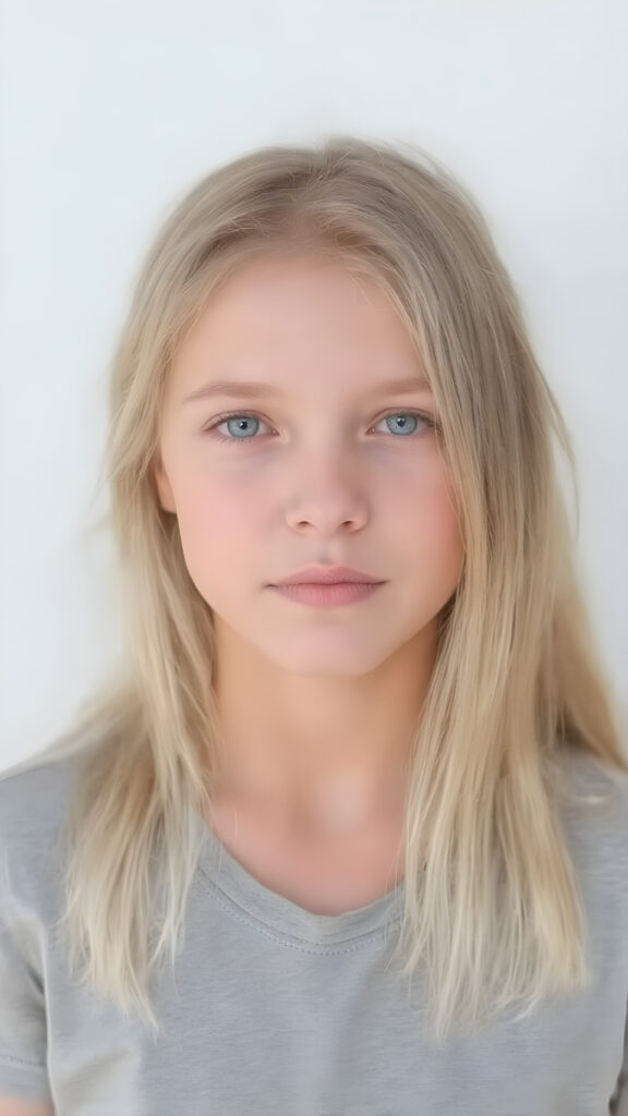 young adult girl, straight blond soft hair, she wears a grey t-shirt