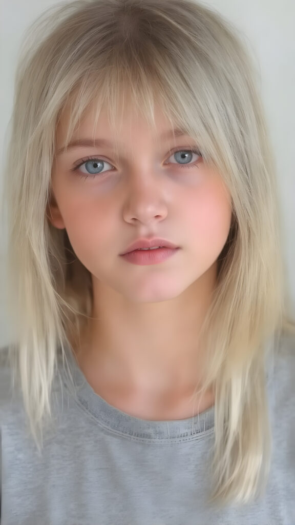 young adult girl, straight blond soft hair, she wears a grey t-shirt