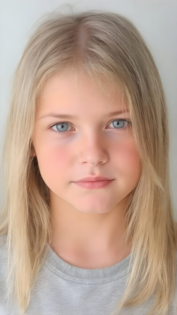 young adult girl, straight blond soft hair, she wears a grey t-shirt