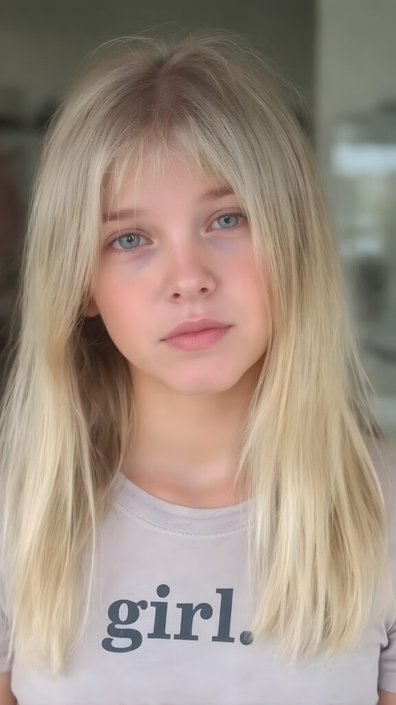 young adult girl, straight blond soft hair, she wears a t-shirt "girl"