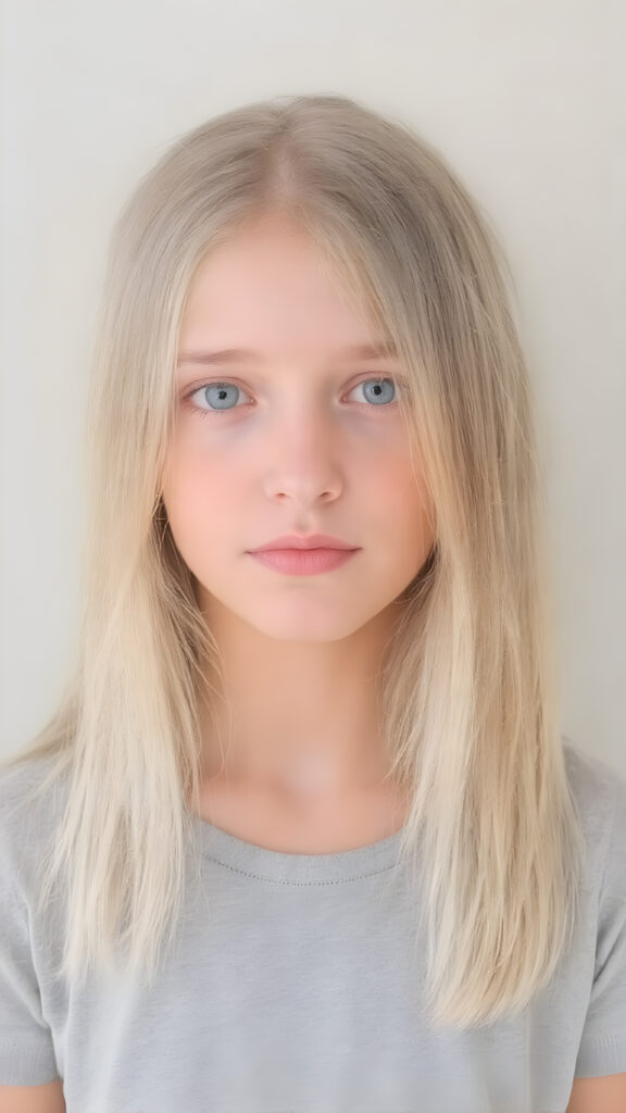 young adult girl, straight blond soft hair, she wears a grey t-shirt