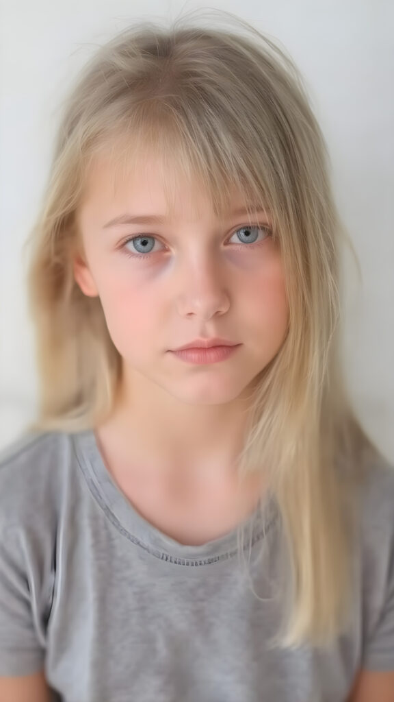 young adult girl, straight blond soft hair, she wears a grey t-shirt