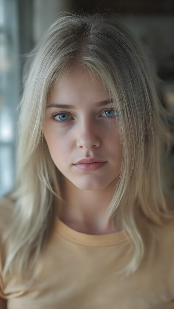 young adult girl, straight blond soft hair, she wears a t-shirt, she has a perfect body, stunning, gorgeous, realistic