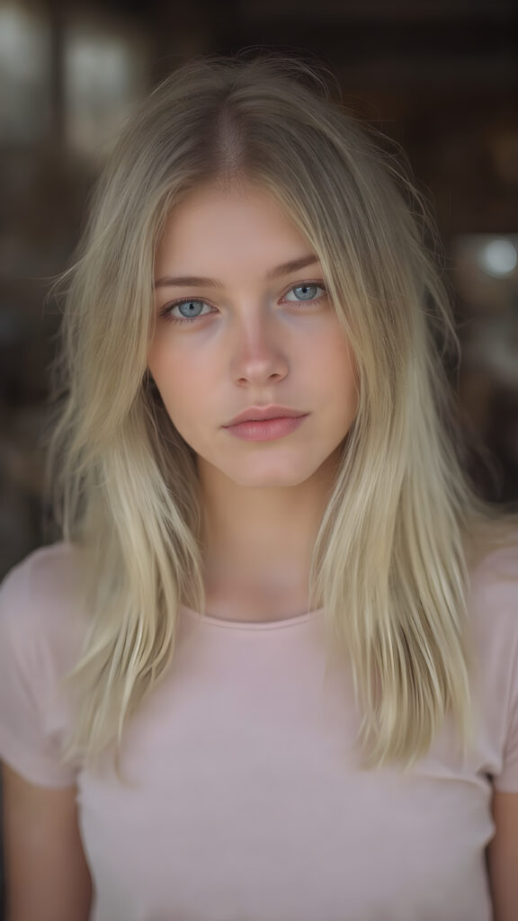 young adult girl, straight blond soft hair, she wears a t-shirt, she has a perfect body, stunning, gorgeous, realistic