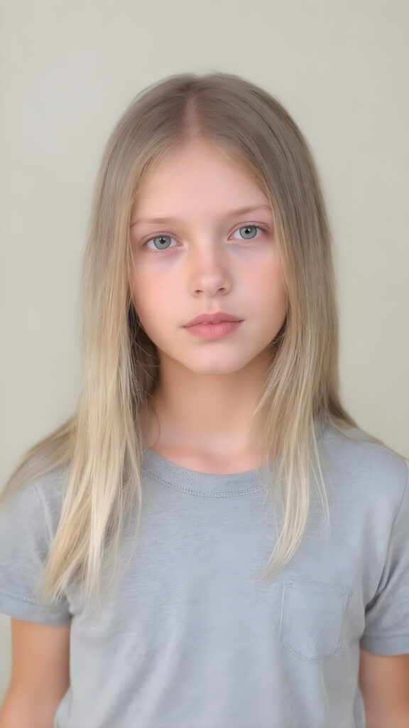 young adult girl, straight blond soft hair, she wears a grey t-shirt