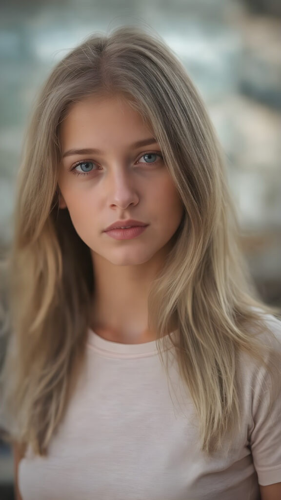 young adult girl, straight blond soft hair, she wears a t-shirt, she has a perfect body, stunning, gorgeous, realistic