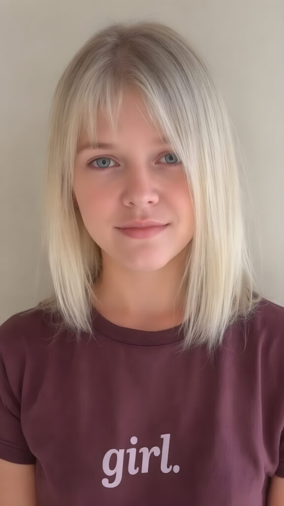 young adult girl, straight blond soft hair, she wears a t-shirt "girl"