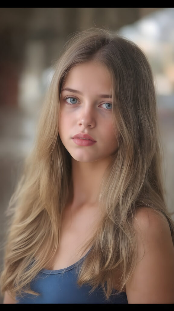 young teen girl, wavy brown super long straight soft hair, she wears a blue tank top, red full lips, fit body