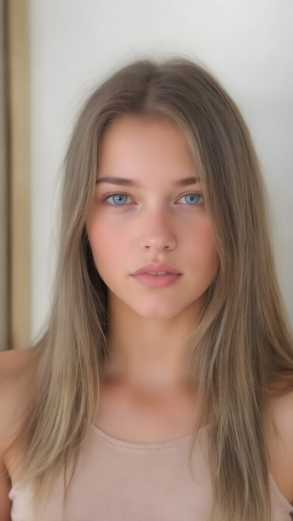 young teen girl, brown long straight soft hair, she wears a super short cropped tank top, full lips, fit body, realistic, she looks like a very young teen model with round face, stunning, gorgeous, hyper realistic