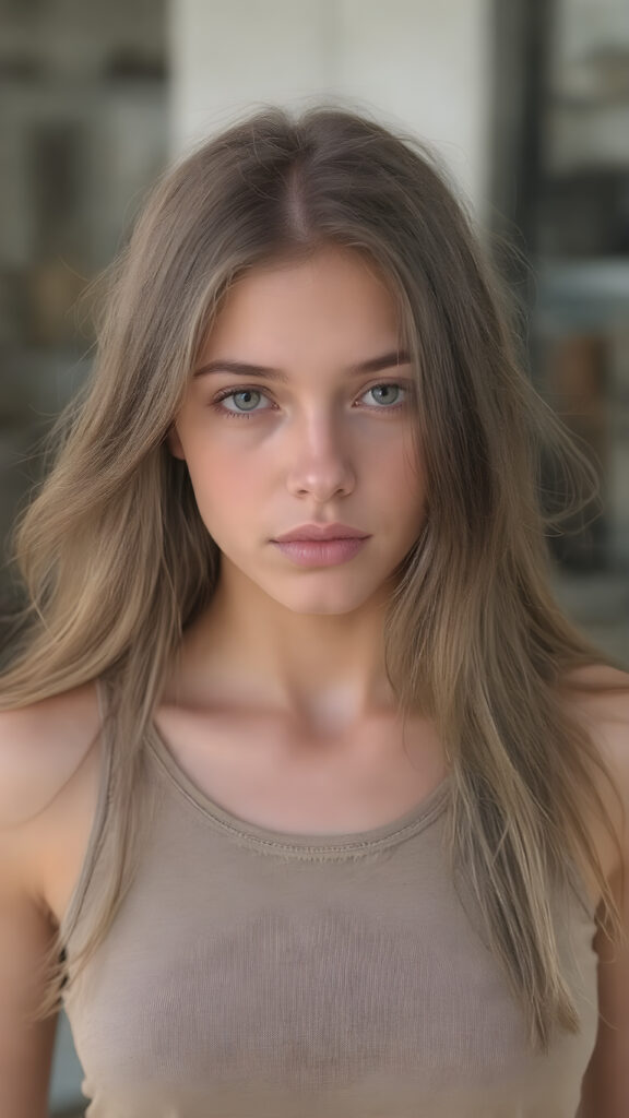 young teen girl, brown long straight soft hair, she wears a super short cropped tank top, full lips, fit body, realistic, she looks like a very young teen model with round face, stunning, gorgeous, hyper realistic