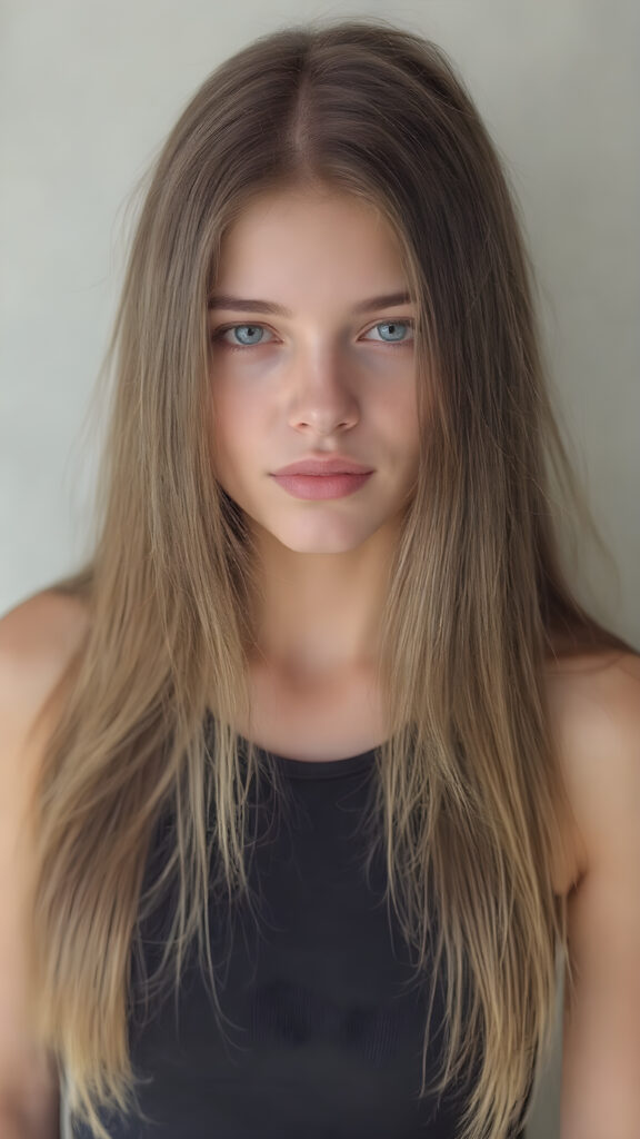young teen girl, brown long straight soft hair, she wears a super short cropped tank top, full lips, fit body, realistic, she looks like a very young teen model with round face, stunning, gorgeous, hyper realistic