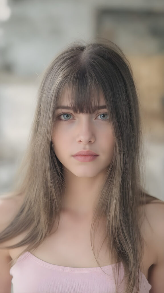 young teen girl, brown super long straight soft hair, she wears a super short cropped tank top, full lips, fit body, realistic, she looks like a very young girl with round face