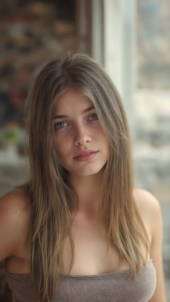 young teen girl, brown super long straight soft hair, she wears a super short cropped tank top, full lips, fit body, realistic