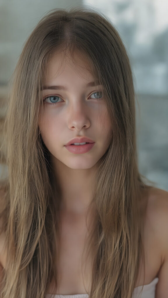 young teen girl, brown super long straight soft hair, she wears a super short cropped tank top, full lips, fit body, realistic, she looks like a very young girl with round face