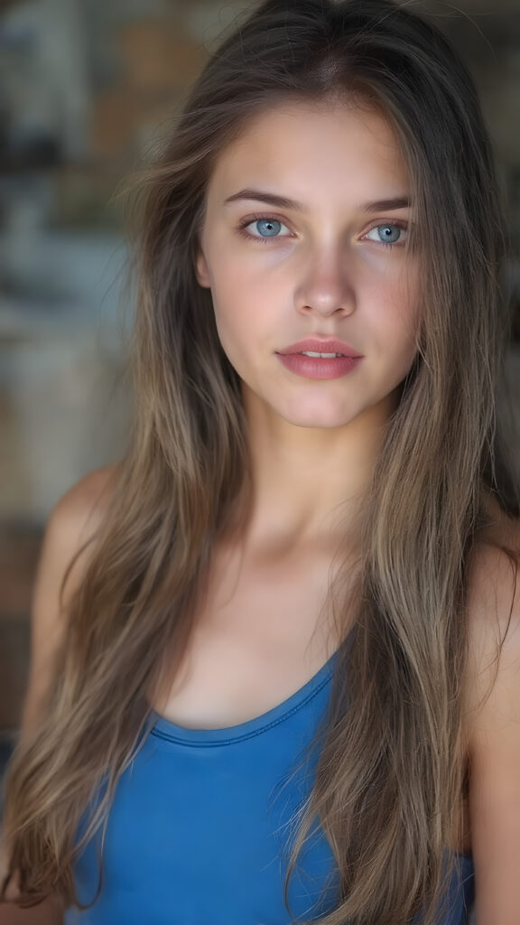 young teen girl, wavy brown super long straight soft hair, she wears a blue tank top, red full lips, fit body