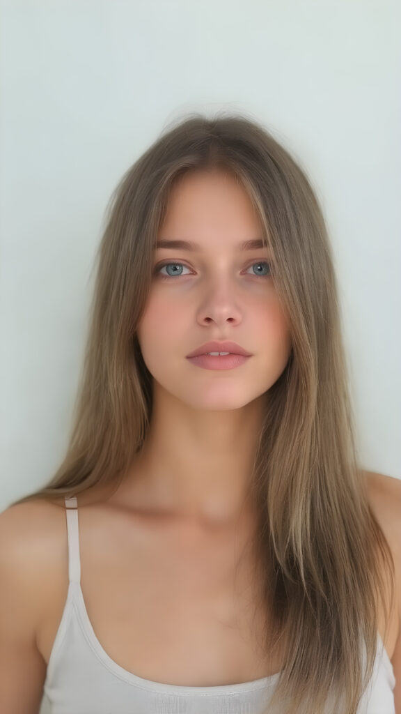 young teen girl, brown long straight soft hair, she wears a super short cropped tank top, full lips, fit body, realistic, she looks like a very young teen model with round face, stunning, gorgeous, hyper realistic