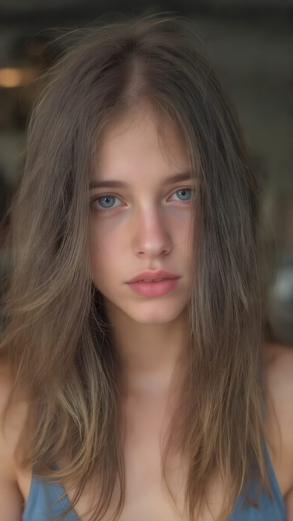 young teen girl, wavy brown super long straight soft hair, she wears a blue tank top, red full lips, fit body
