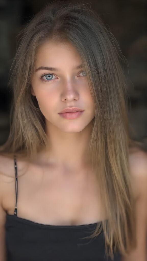 young teen girl, brown super long straight soft hair, she wears a super short cropped tank top, full lips, fit body, realistic
