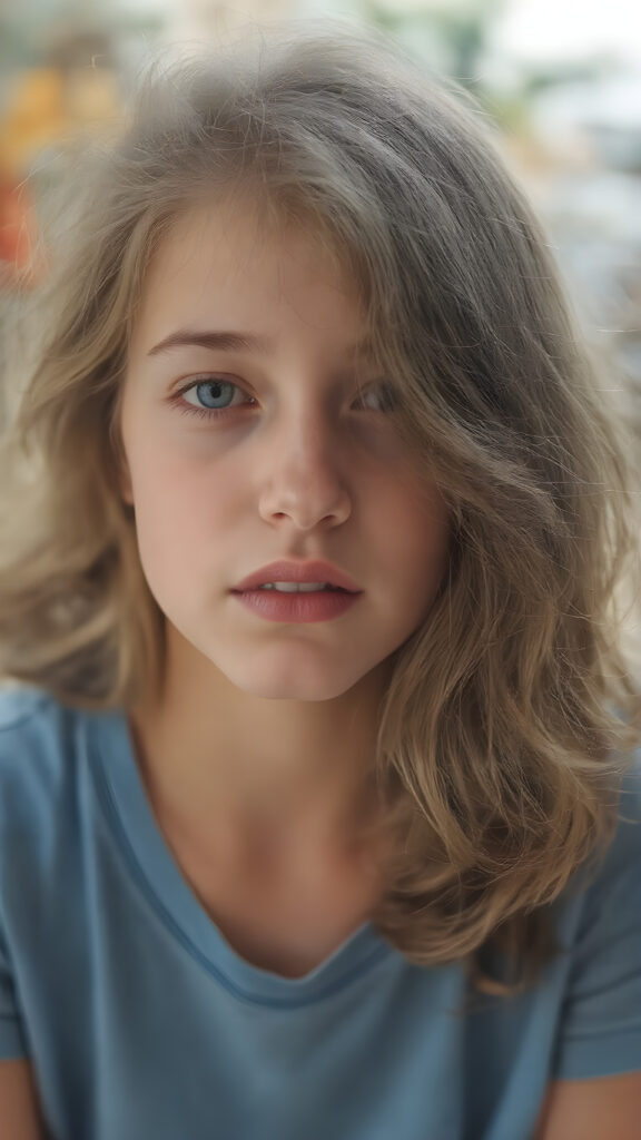 young teen girl, wavy brown bob soft hair, she wears a blue t-shirt, red full lips