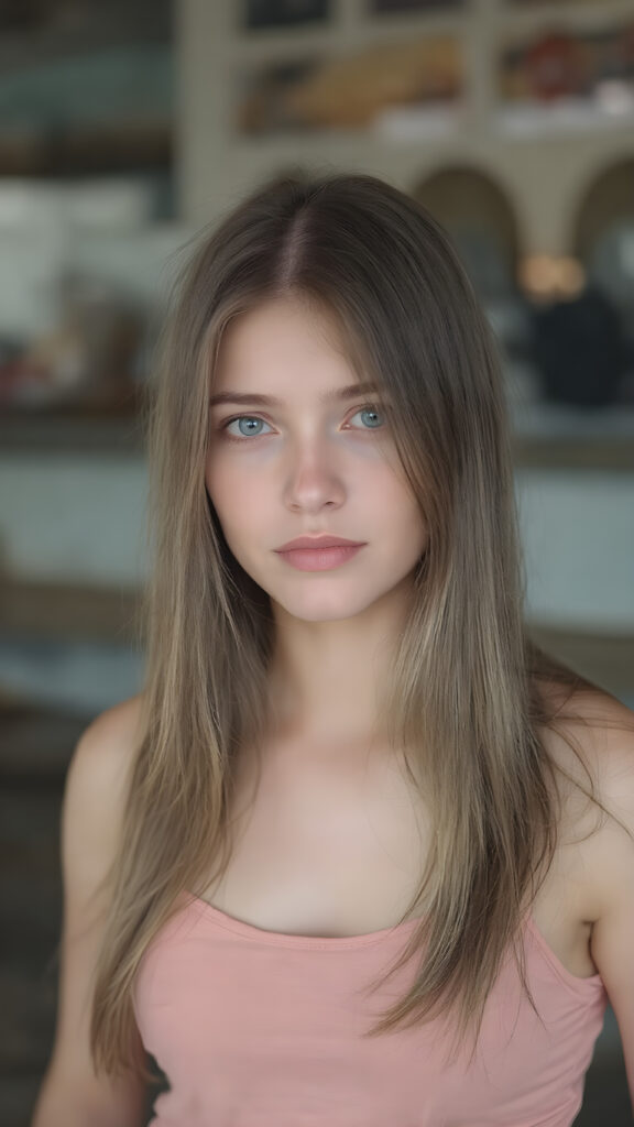 young teen girl, brown super long straight soft hair, she wears a super short cropped tank top, full lips, fit body, realistic, she looks like a very young girl with round face