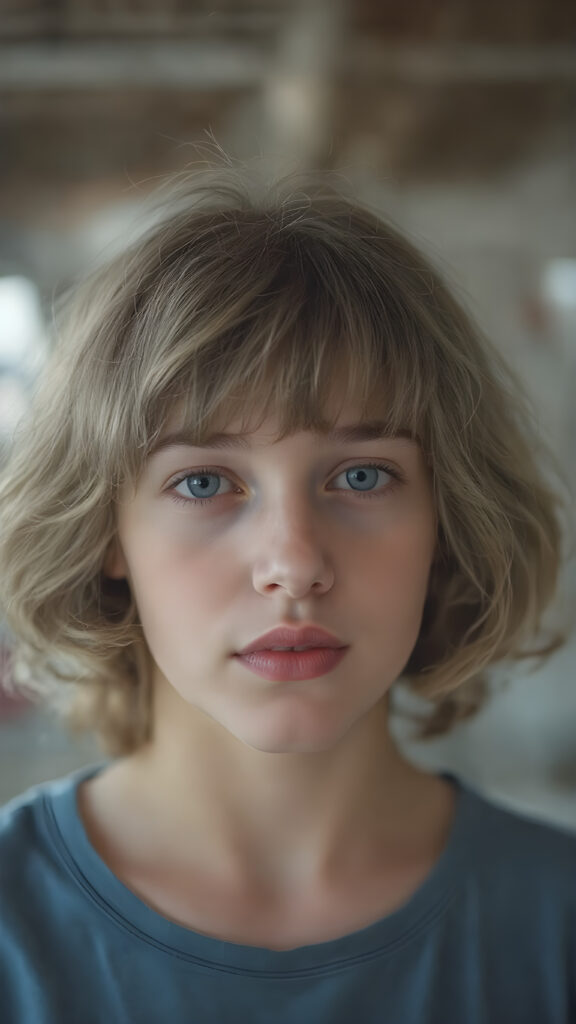 young teen girl, wavy brown bob soft hair, she wears a blue t-shirt, red full lips